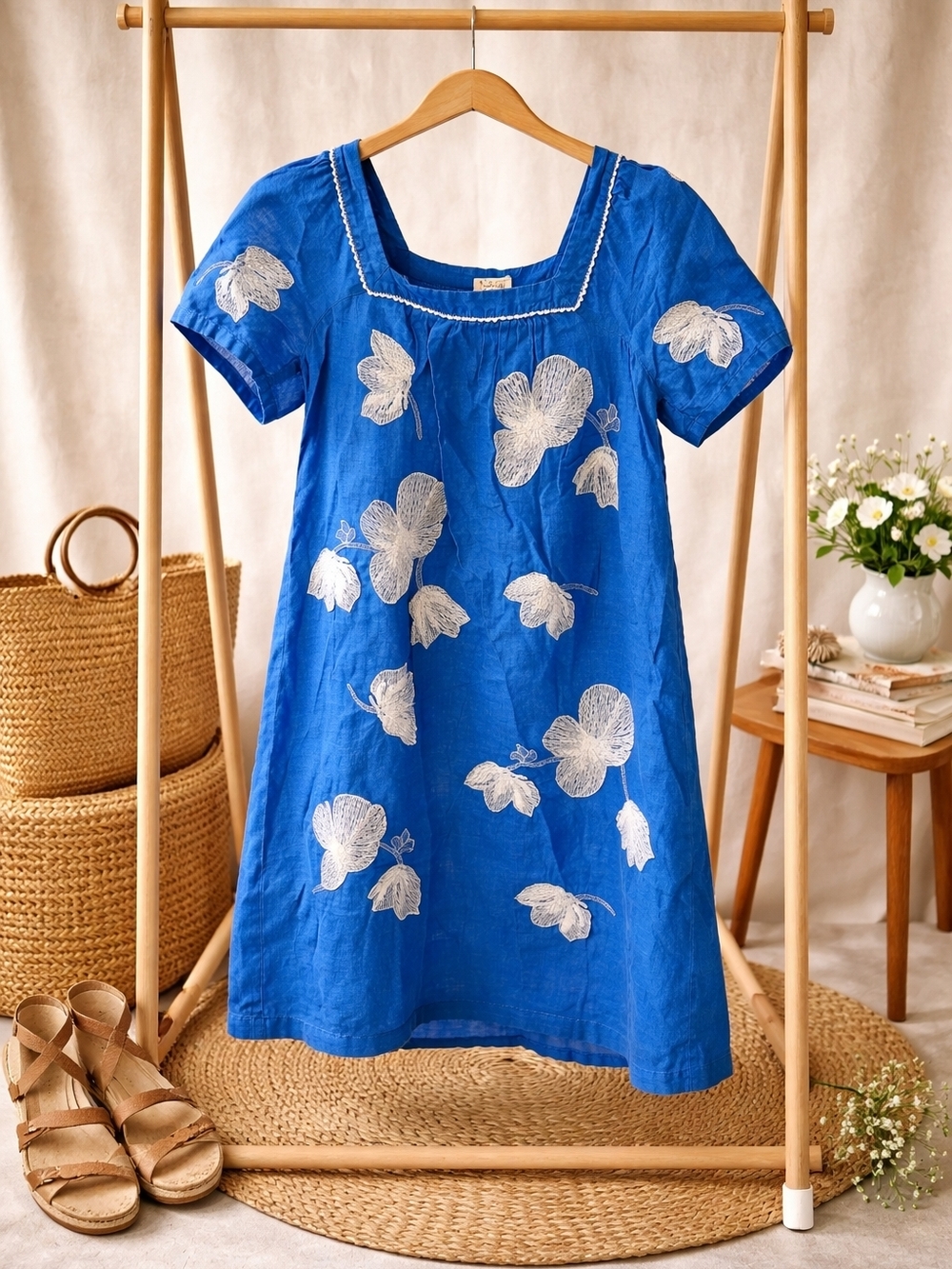 JCrew Linen Blue Floral Embroidered Square-Neck Kids Dress